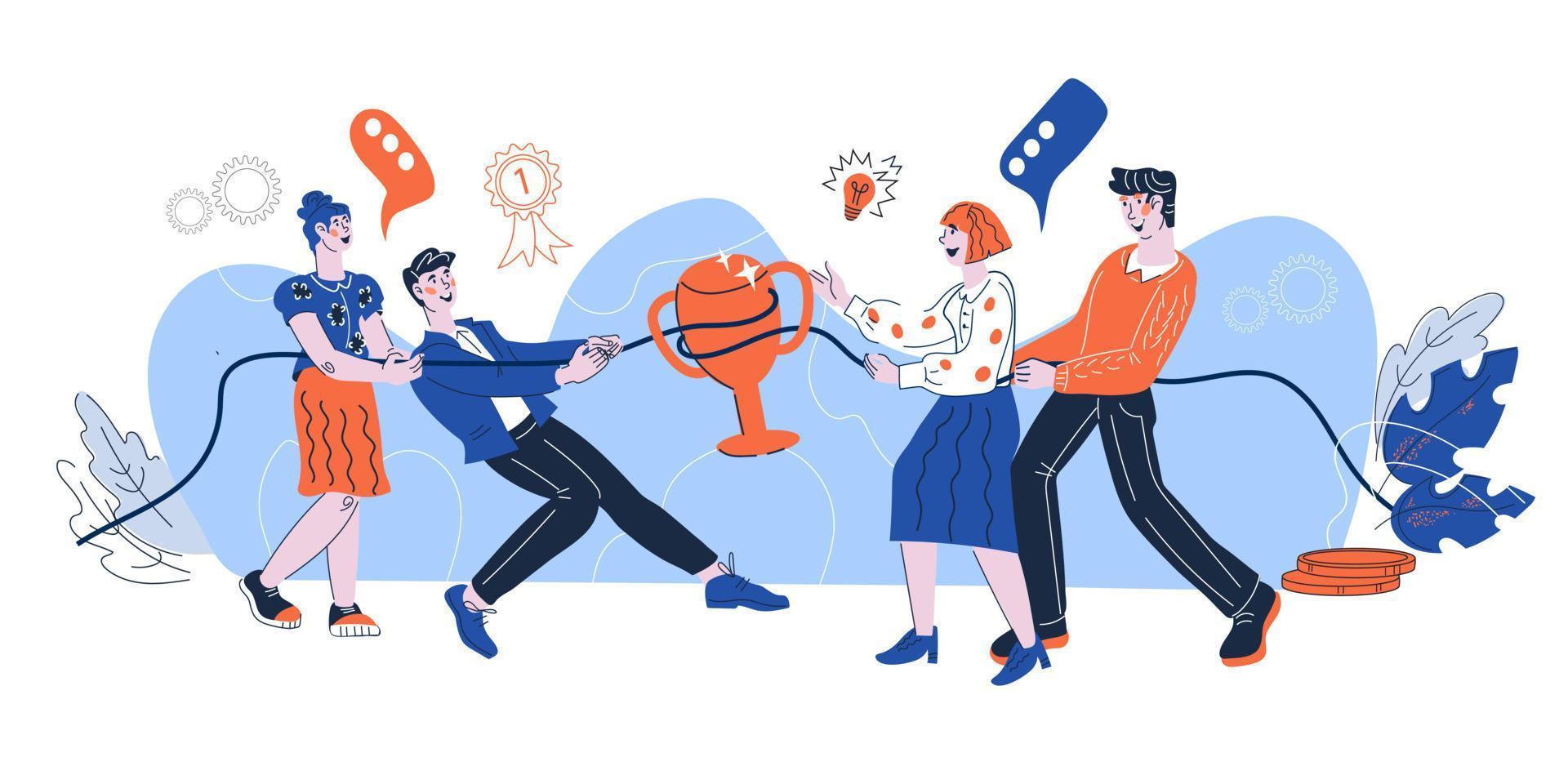 Business teams playing strategic games pulling on opposite ends of rope. Teamwork and marketing competition concept, tug-of-war between competing companies. Cartoon vector illustration isolated.