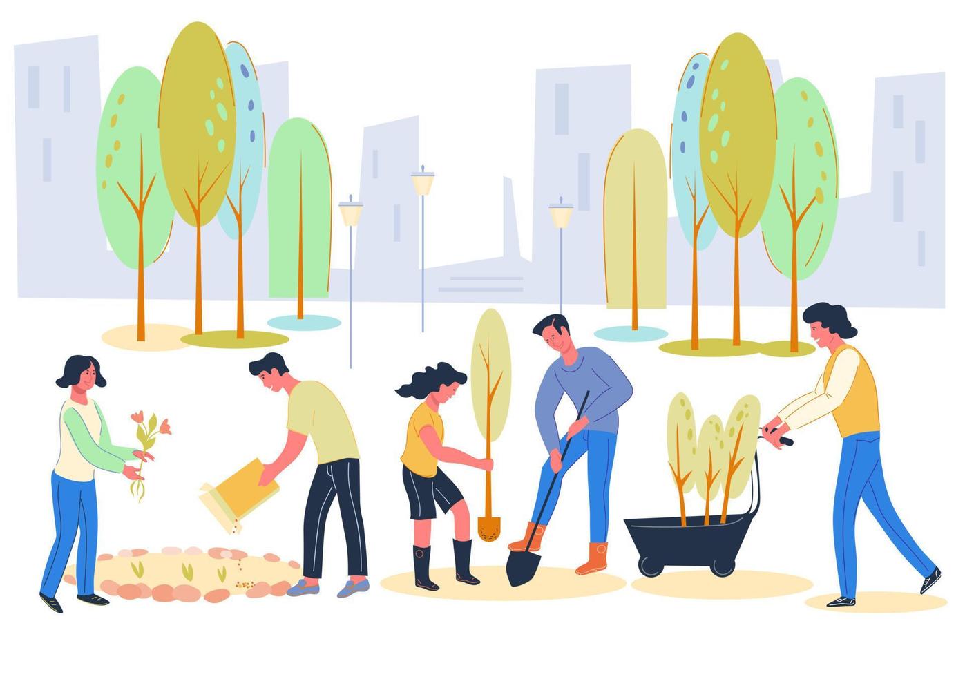 voluntarios y ciudadanos activos plantando árboles juntos en el parque de la ciudad, ilustración vectorial plana. Reverdecimiento y renovaciones de primavera, mejora del entorno urbano. voluntariado, caridad y temas sociales. vector