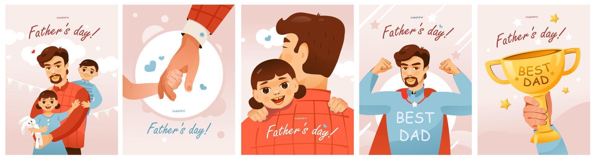 A set of postcards for Father's Day. The best dad. Father with children. Cartoon vector illustration