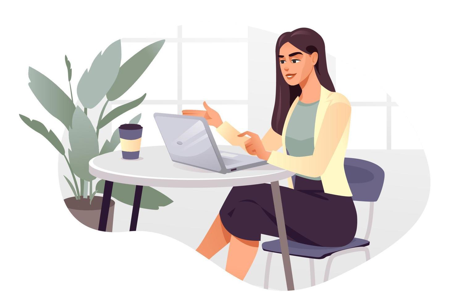 A girl with a laptop is working in the office. The girl is browsing the Internet, conversations, online conferences. Flat vector illustration.