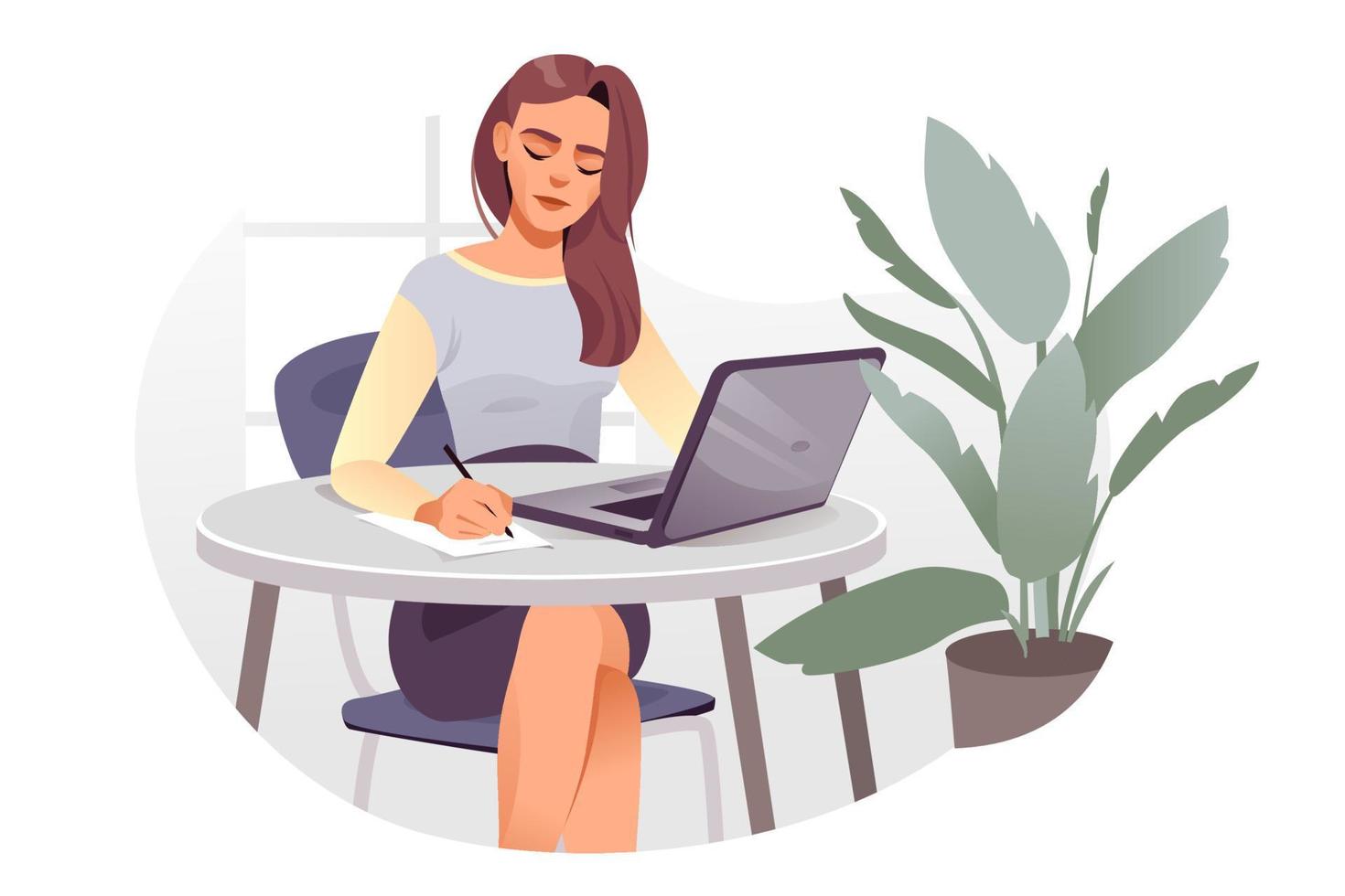 A girl with a laptop is working. The girl is browsing the Internet, conversations, online conferences. The concept of online education. Flat vector illustration.