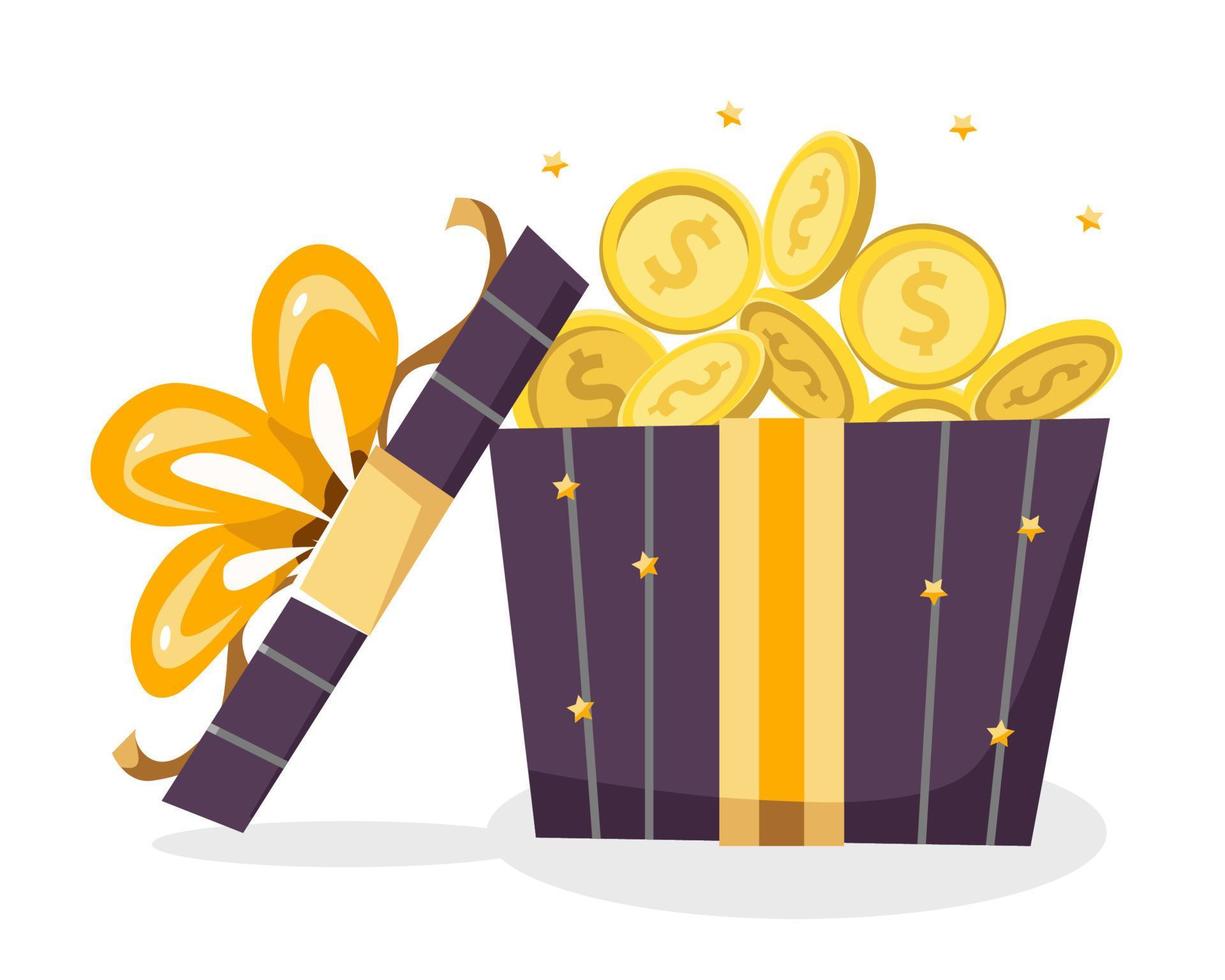 Gift box with gold coins. Business concept. Cash bonus. Flat vector illustration