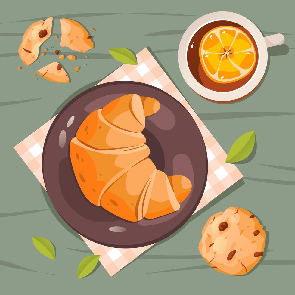 Breakfast with a croissant and a cup of lemon tea on the table. French traditional breakfast. Vector illustration