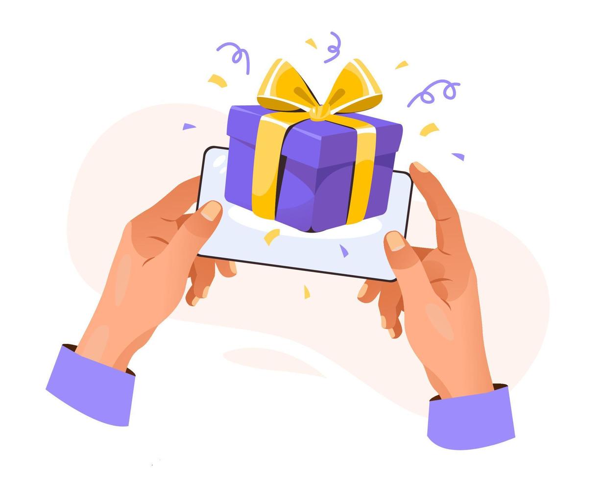 mano que sostiene el teléfono móvil con caja de regalo en la pantalla. regalo en línea. ganar en línea. entrega de regalos en línea, celebración, concepto de fiesta. ilustración vectorial vector