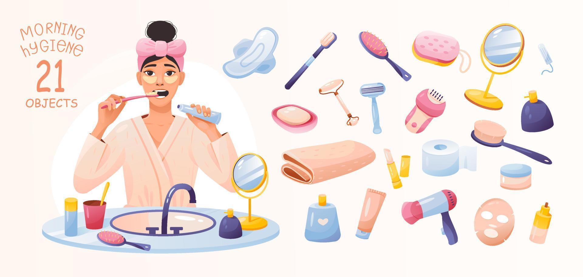 Morning hygiene collection.  A set of items for morning feminine hygiene. Self care at home. Cartoon vector illustration.