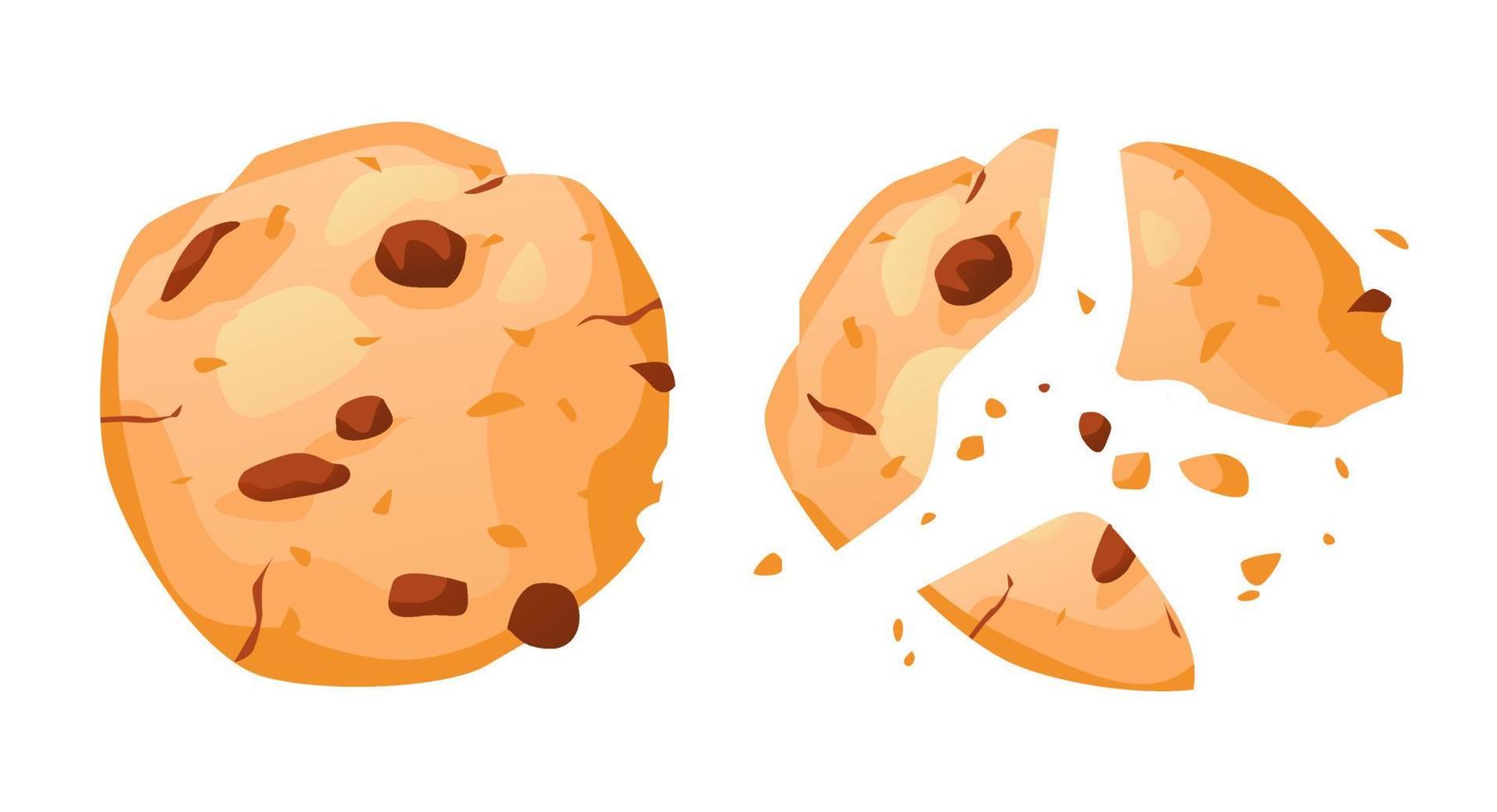 Cookies with chocolate chips. The cookies are whole and broken into pieces. Cartoon vector illustration