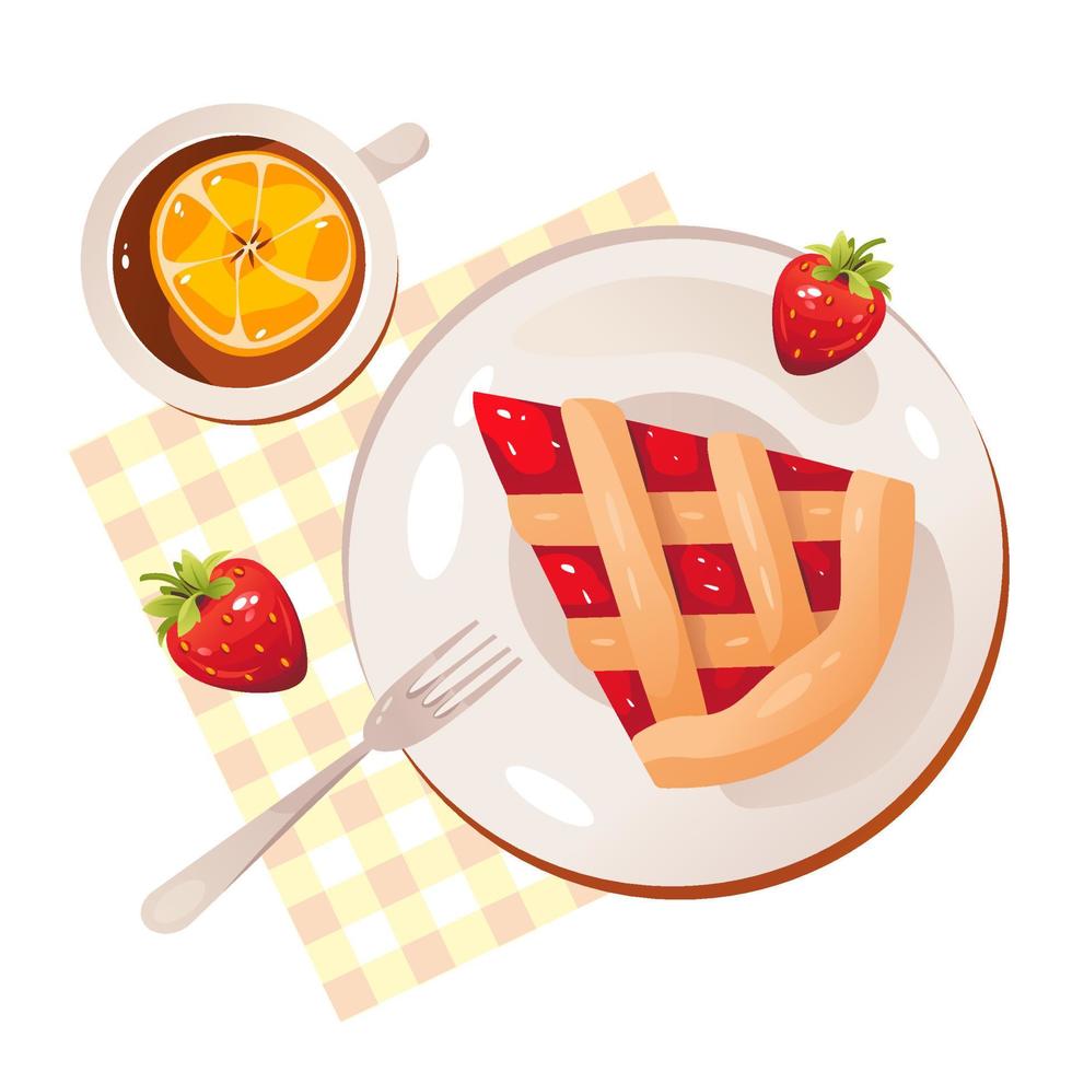 Strawberry pie. Traditional rustic pie-dessert with a lattice of dough. Homemade cakes. Vector illustration