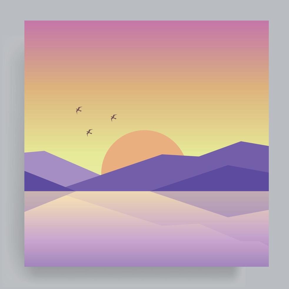 Beautiful and peaceful minimalist flat geometric landscape vector. Lake surrounded by mountains with sunset and birds flying in the background. Travel, Nature, Background, Poster, Cover Illustration. vector