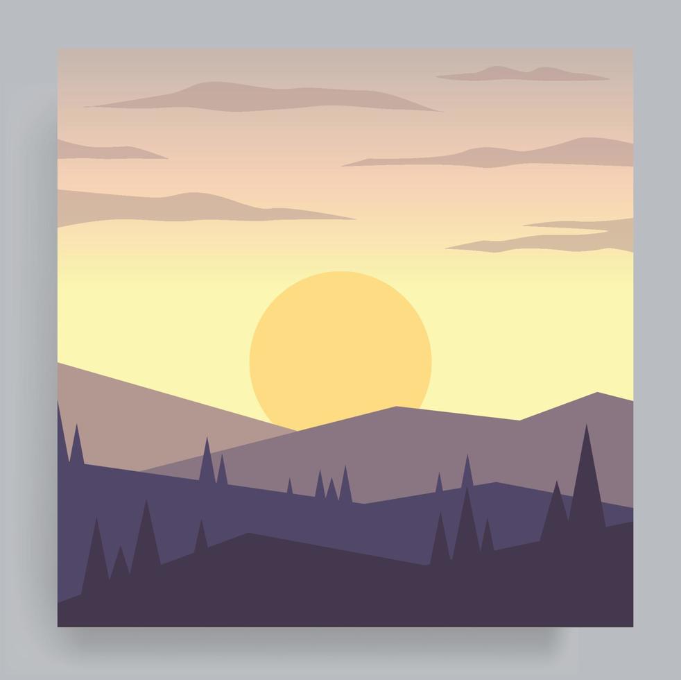 Beautiful and peaceful minimalist flat geometric landscape vector. Mountains of pine trees on a sunrise background. Travel, Nature, Background, Poster, Cover Illustration. vector