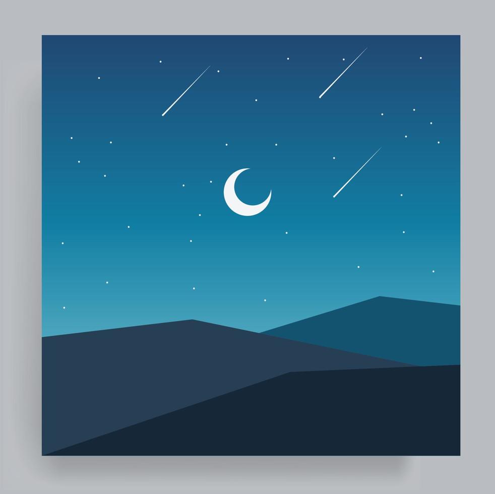 Beautiful and peaceful minimalist flat geometric landscape vector. Mountains with starry night background and shooting stars. Travel, Nature, Background, Poster, Cover Illustration. vector