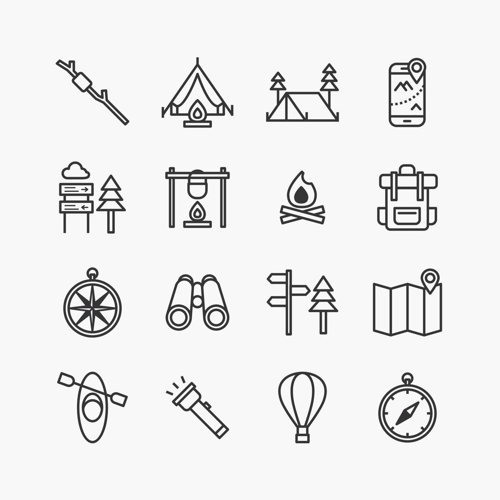 paquete de colección de iconos de línea plana de actividad de campamento de verano. vectores de diseño sencillo