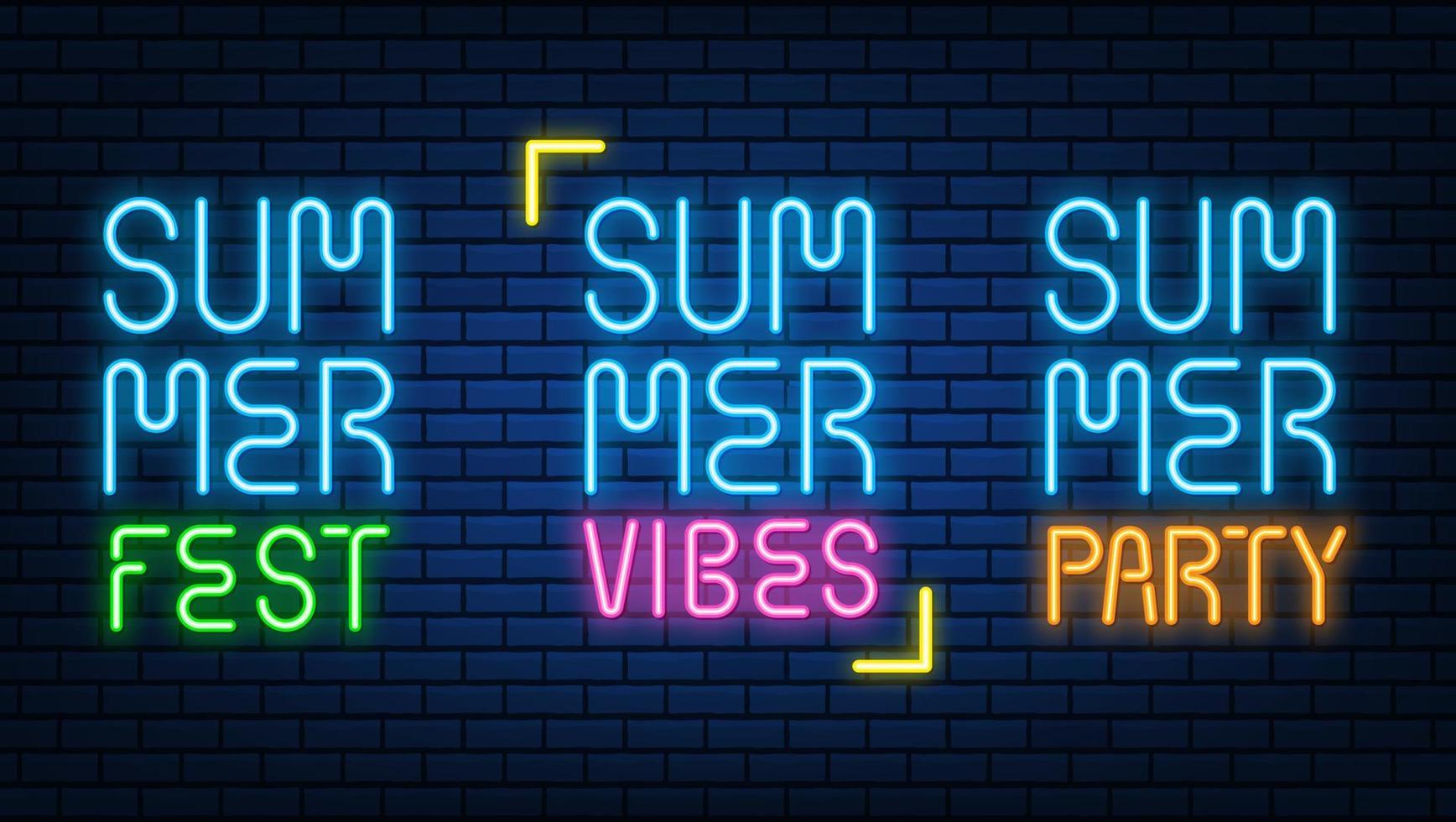neón verano viber letreros de texto color brillante brillante led o lámparas halógenas enmarcan pancartas. en el conjunto de vectores de pared de ladrillo.