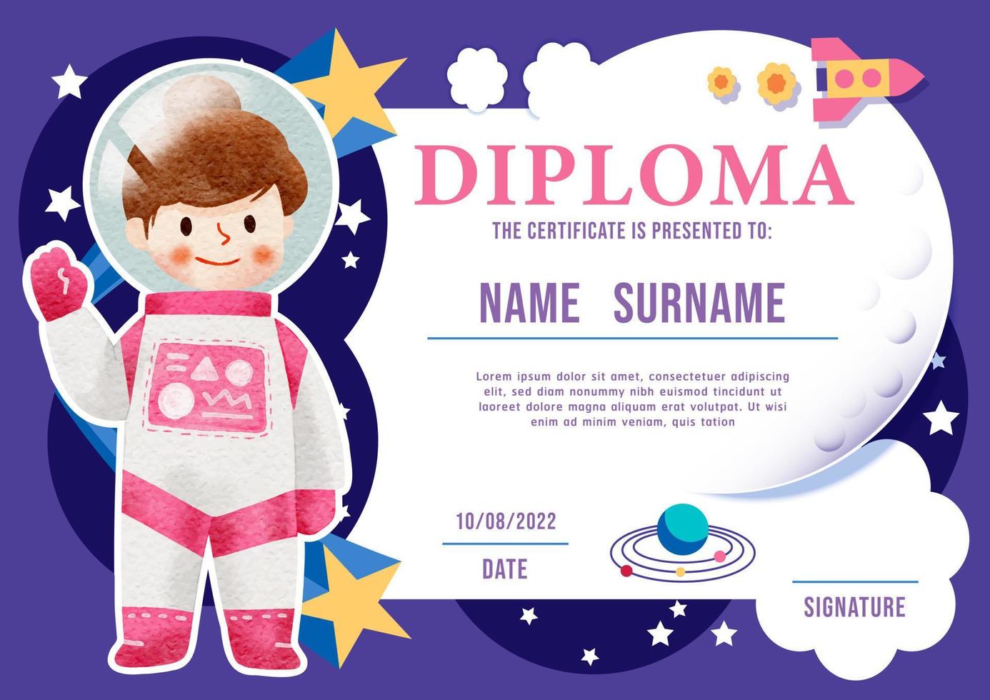 certificado diploma para niños, diseño de plantilla de jardín de infantes vector de acuarela de astronauta.