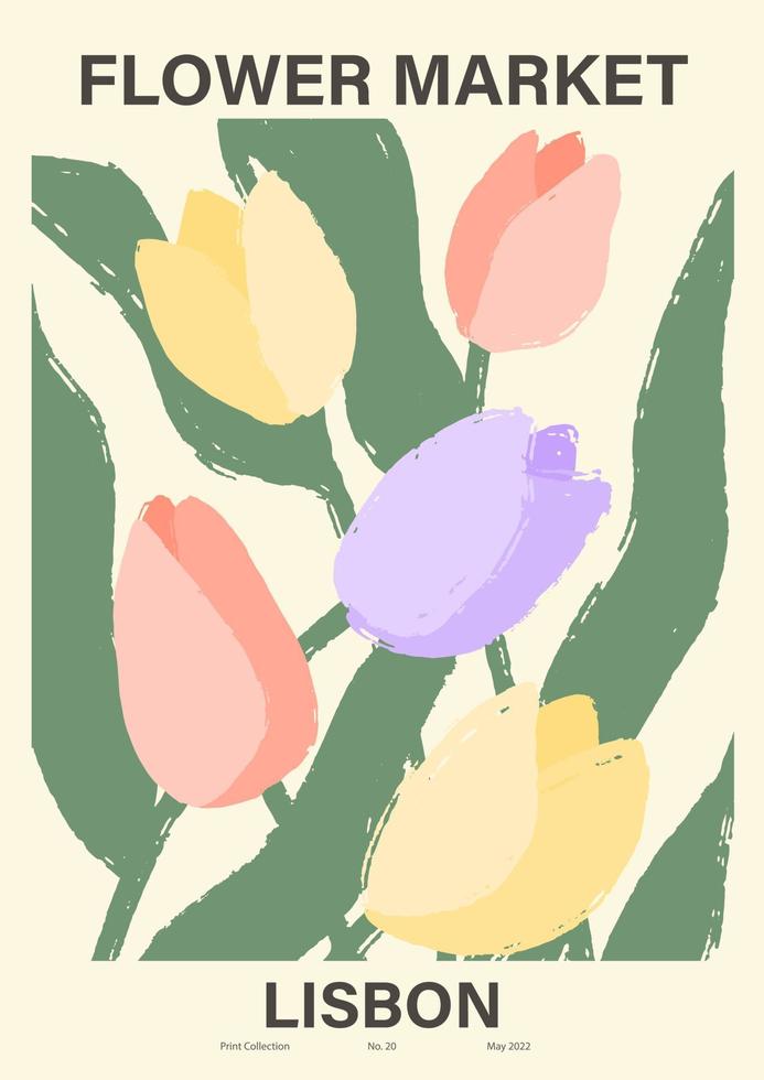 cartel del mercado de flores. ilustración floral abstracta. arte mural botánico, estética de afiches antiguos. vector