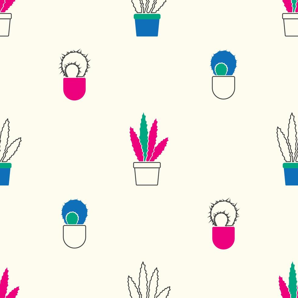 Seamless pattern with cactus and aloe in a pot. Vector hand-drawn illustration. For fabric, cover, background, textile, wallpaper.