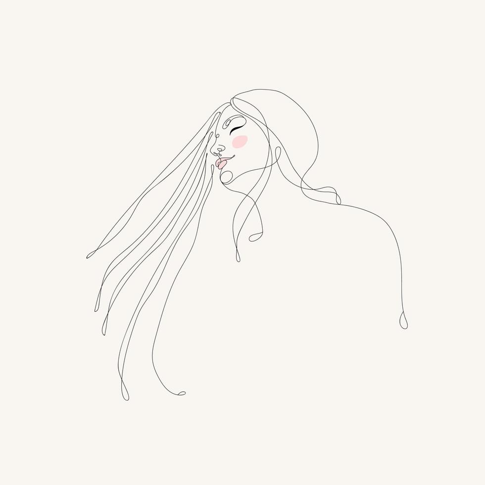 Illustration of girl with long hair in line art drawing style. Modern vector hand drawing print. Beautiful girl face. Attractive young woman portrait female beauty concept. Continuous one line drawing