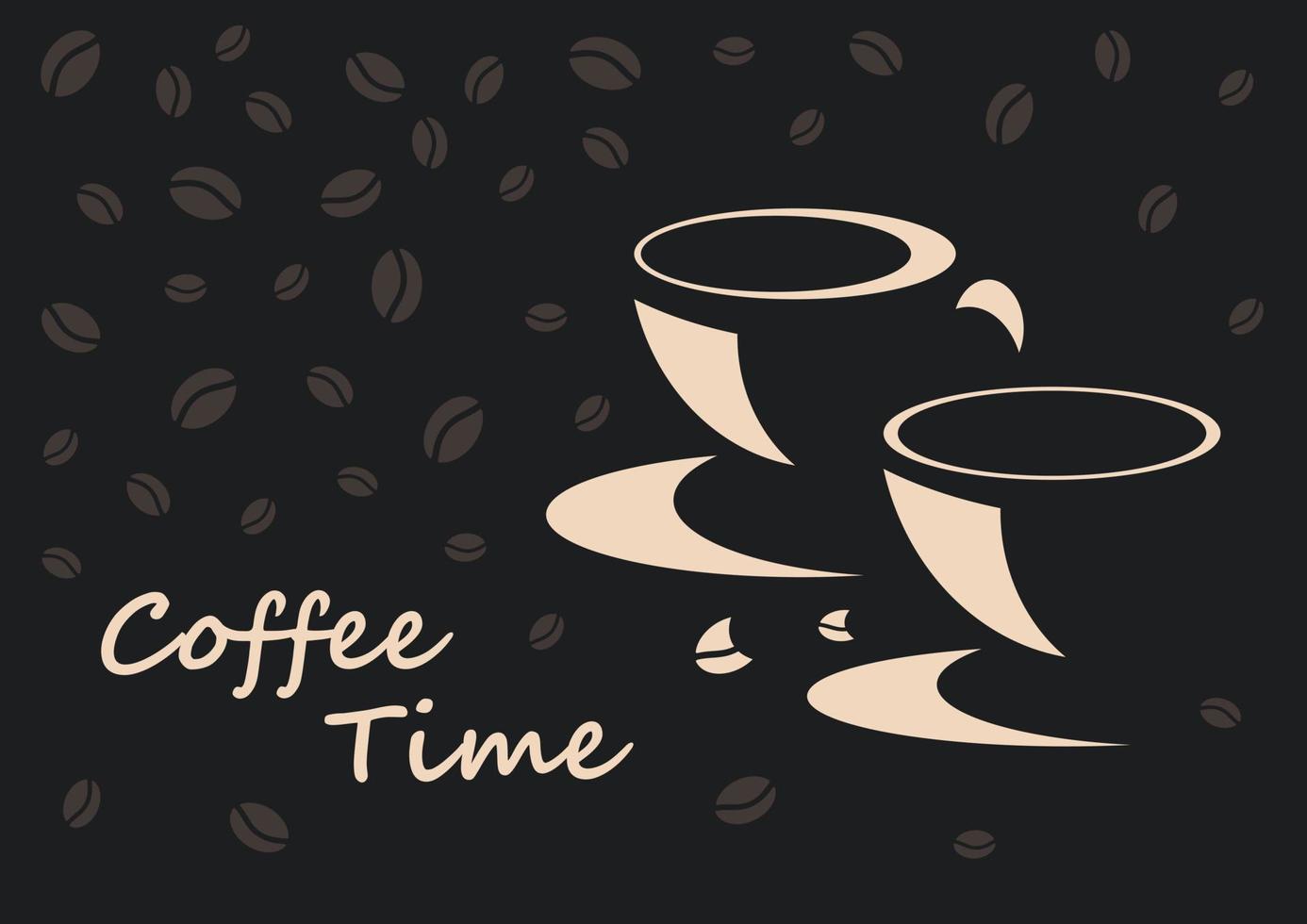 Coffee time banner. Cups of black coffee and bean on dark background, flowing coffee brochure. Coffee Poster Advertisement Flayers Vector Illustration