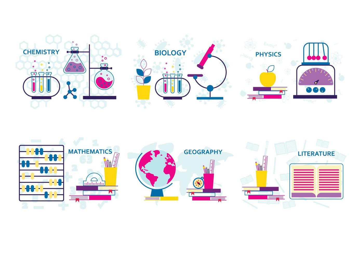 School lesson subjects. Vector graphics of lessons at school, chemistry, math, biology, geography, physics, literature. Modern vector illustration concepts for website, banner, cover.