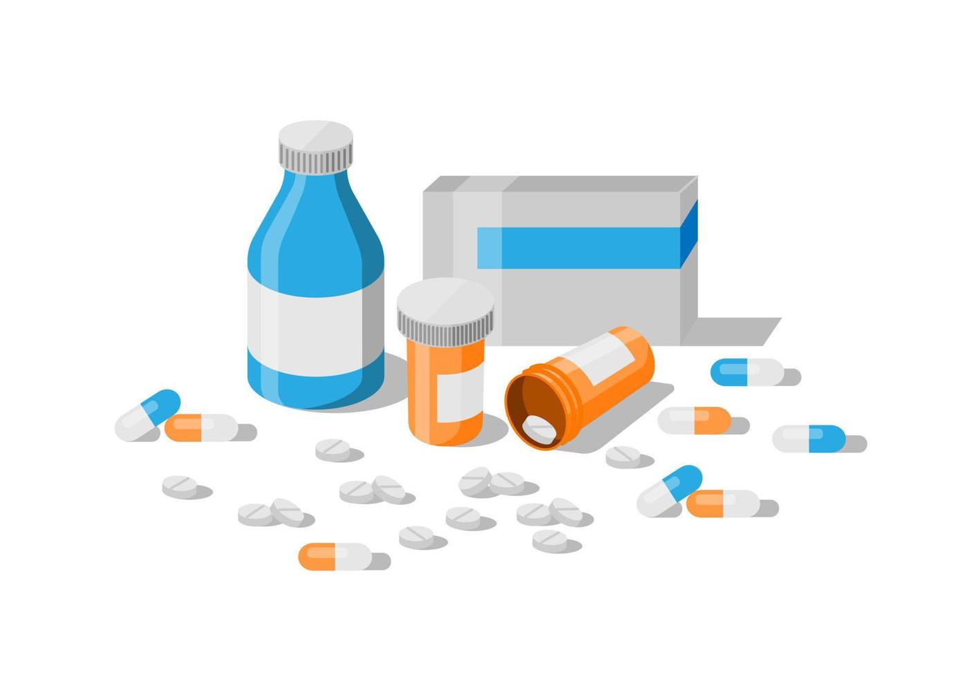 Medicaments collection. Set of medical items bottles, pills, capsules. Flat vector illustration.