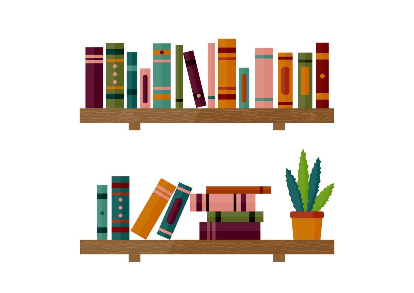 Flat bookshelves. Shelf book in room library, reading book, office shelf, school bookcase and bookshelf. Racks with books and plants. Colorful books in cartoon style. Vector illustration.