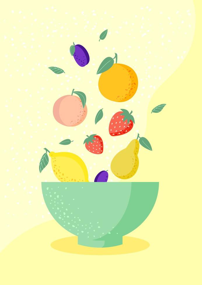 Fresh fruits in a bowl isolated on yellow background. Peach, strawberry, pear, lemon, plum, orange. The concept of healthy and sports nutrition. Vector illustration.