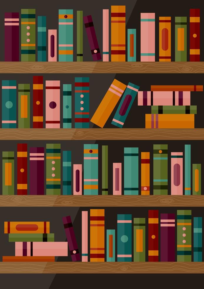 estantería con libros. conjunto de diferentes lomos de libros en estantes de madera. pancarta de libro ilustración vectorial del fondo del estante de libros de la biblioteca. vector