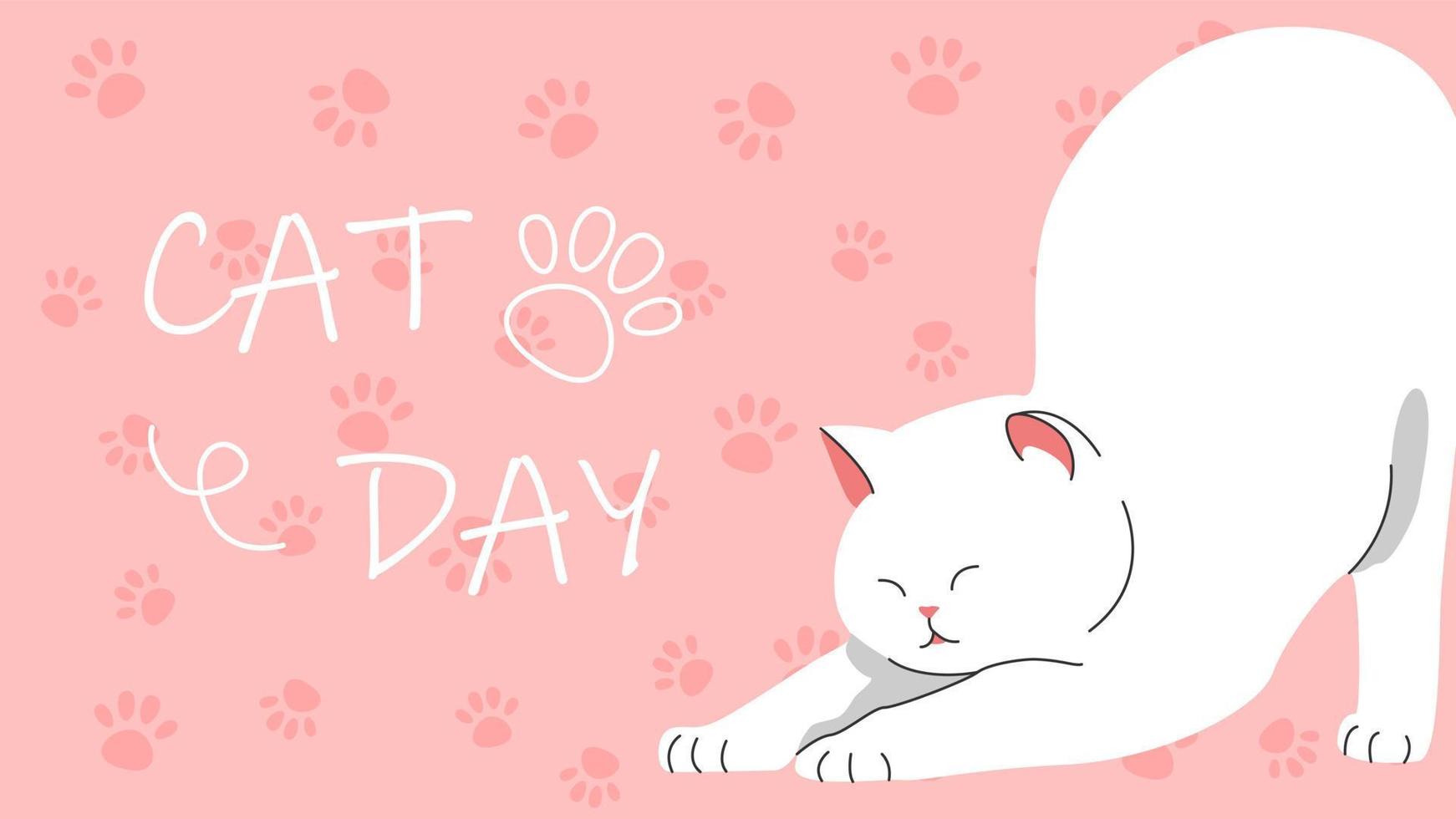 Cute kawaii white cat stretching. Cat day. Vector illustration of cute kitten on pink background with cat paws.