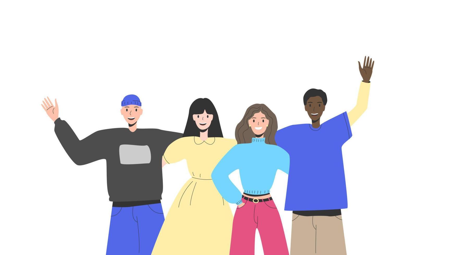 Community concept. Group of happy teenagers, students, millennials. Portrait of stylish smiling teenage boys and girls standing in row or line. Young generation. Flat colorful vector illustration.