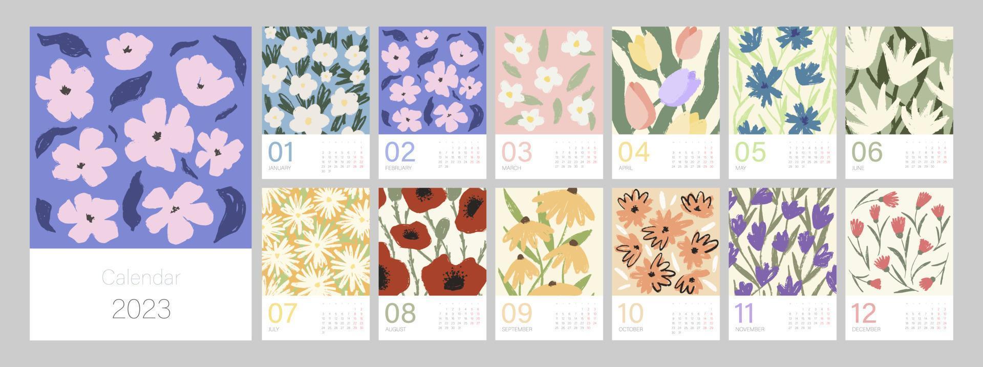 plantilla de calendario floral para 2023. diseño vertical con flores y hojas de colores brillantes. plantilla de página de ilustración editable a4, a3, conjunto de 12 meses con portada. malla vectorial la semana comienza el lunes. vector