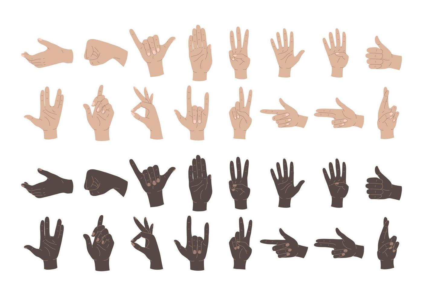 Hand gestures. Set of human hands, signs and gestures, figures and finger movements. Different colors hands isolated vector illustrations on a white background