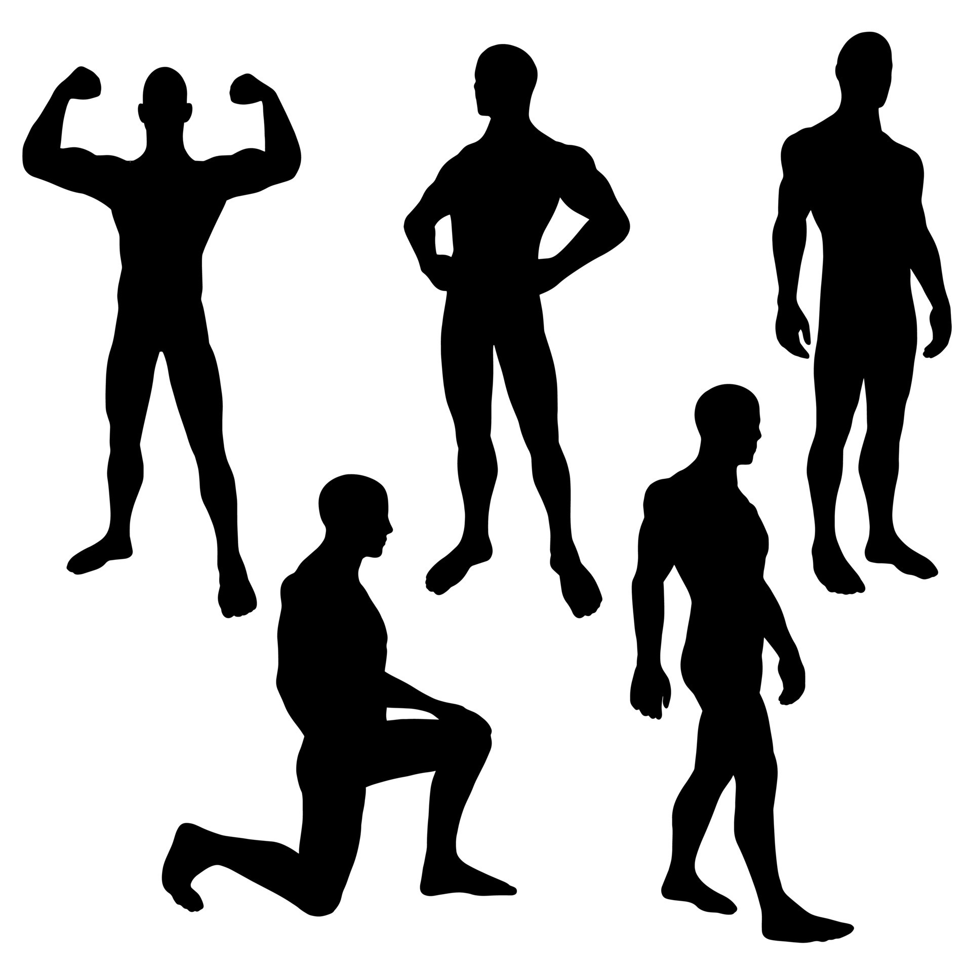 Man silhouette in various poses. Male silhouette sitting standing