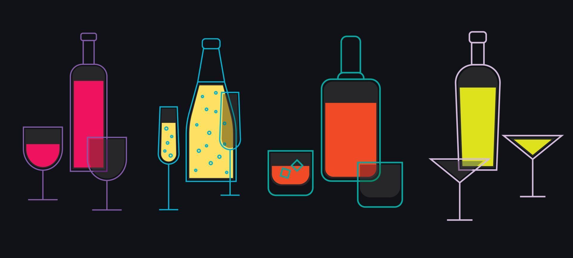 conjunto de ilustraciones de bebidas alcohólicas para su presentación en el menú del bar, impresión, pancarta, tarjeta, fondo. gráficos vectoriales de martini, botellas de champán, whisky, cóctel, vino en una copa. vector