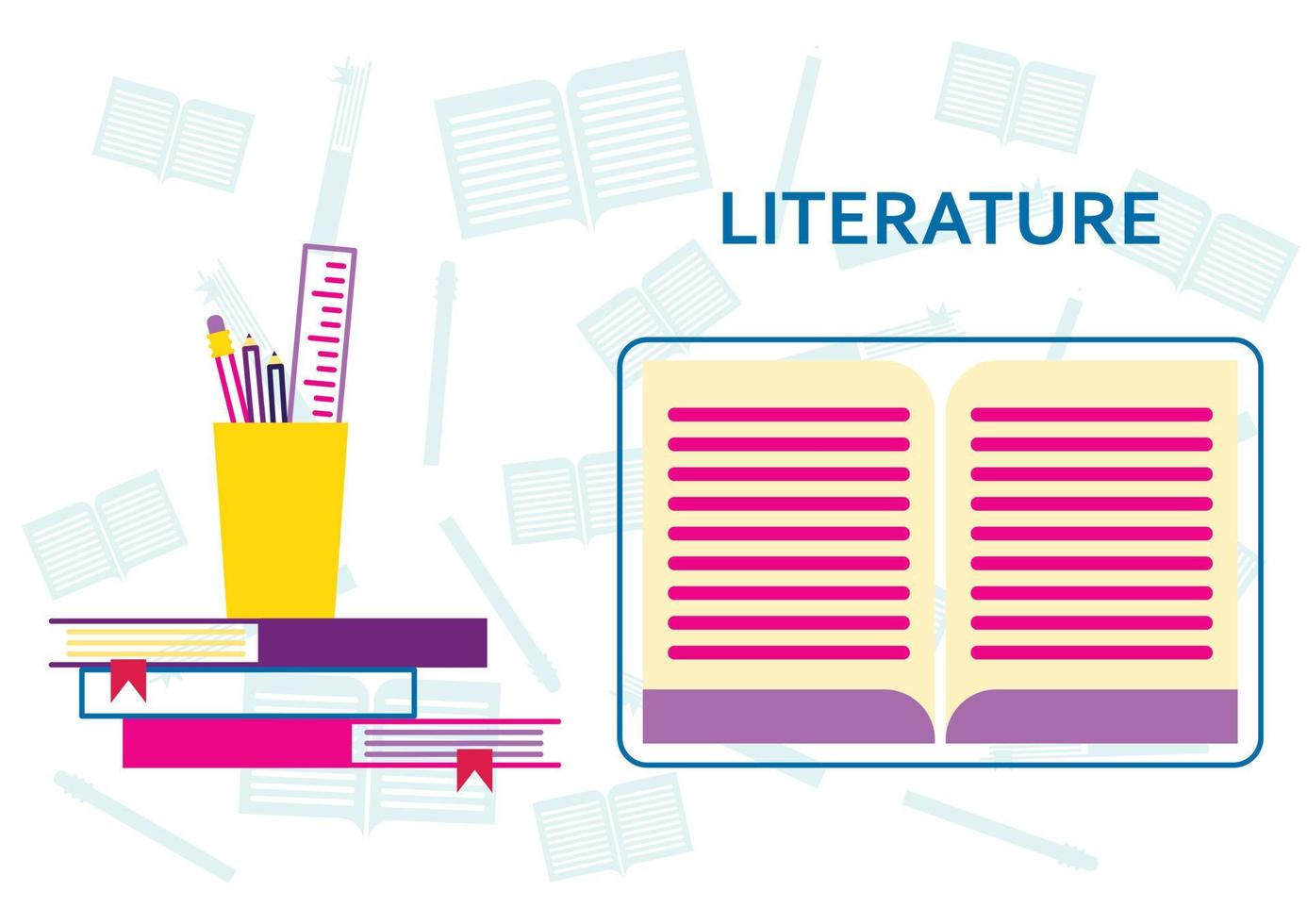 Literature lesson vector illustration. Reading, education, e-book, literature, encyclopedia. Vector illustration in flat style.