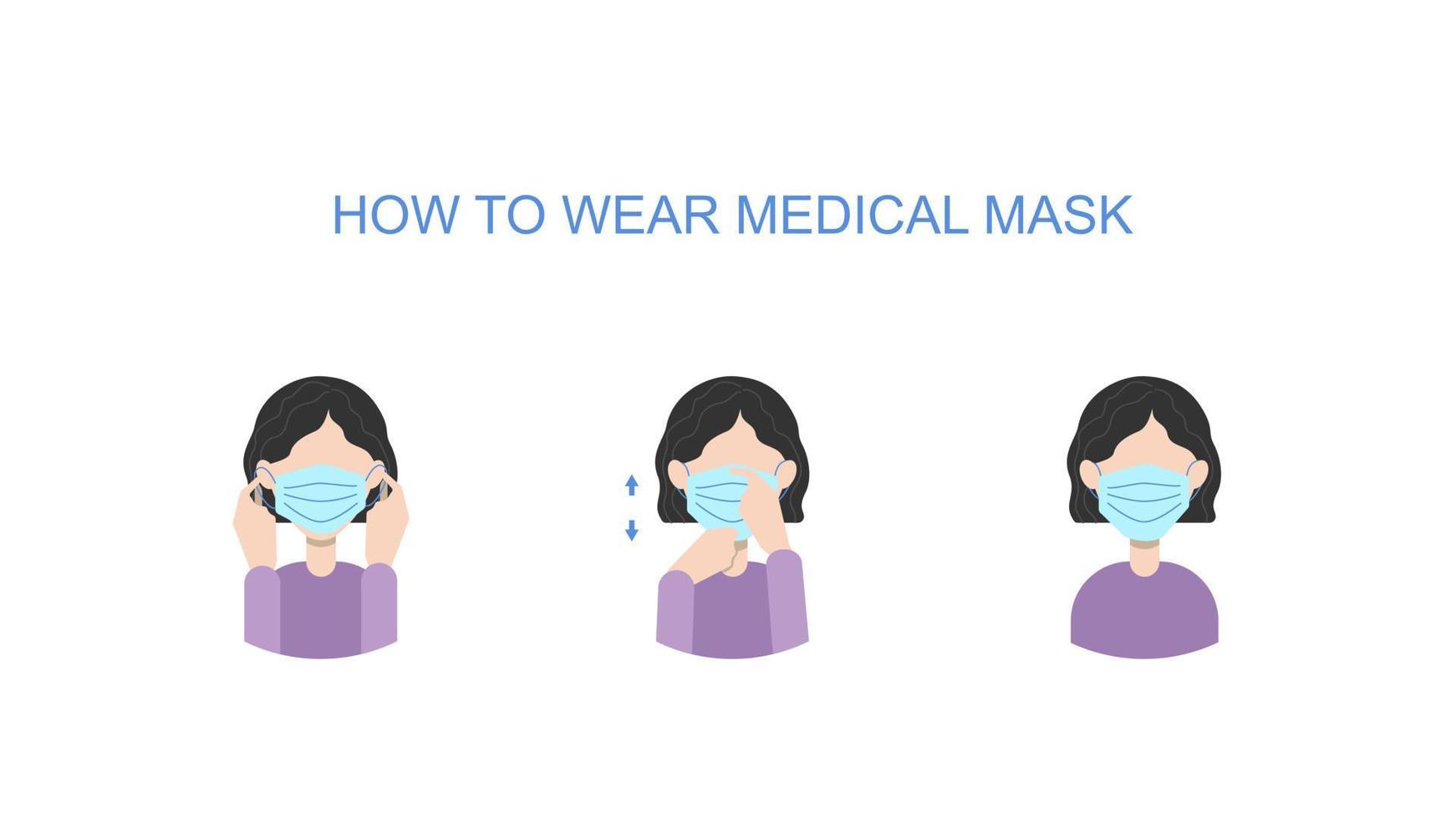 How to wear medical mask instructions. Virus protection advice. Woman wear protective mask. Vector illustration.