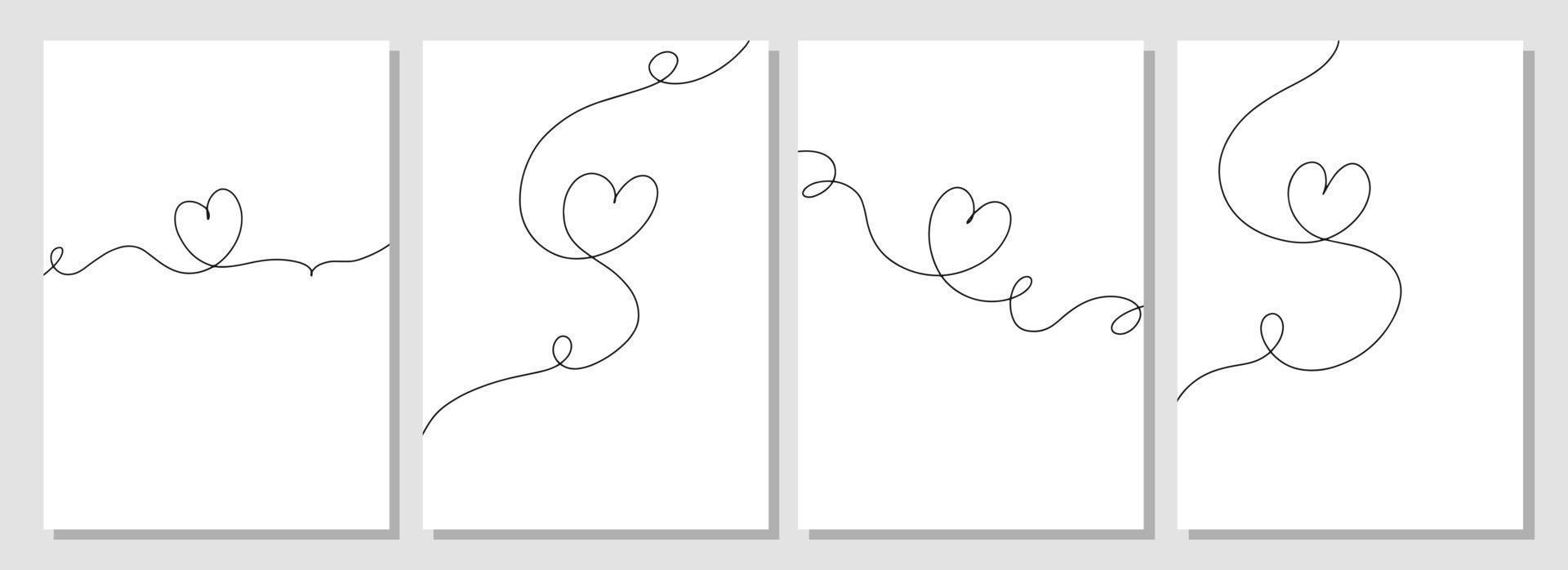 Set of posters with heart. Continuous one line drawing of heart on white background. Thin line of love icon. EPS10 vector illustration