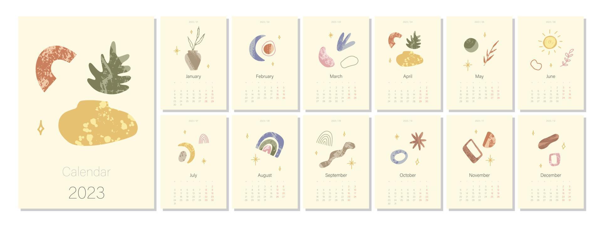 plantilla de calendario boho para 2023. varias formas en textura grunge moderna de estilo abstracto. plantilla de página de ilustración editable a4, a3, conjunto de 12 meses con portada. vector. la semana comienza el lunes vector