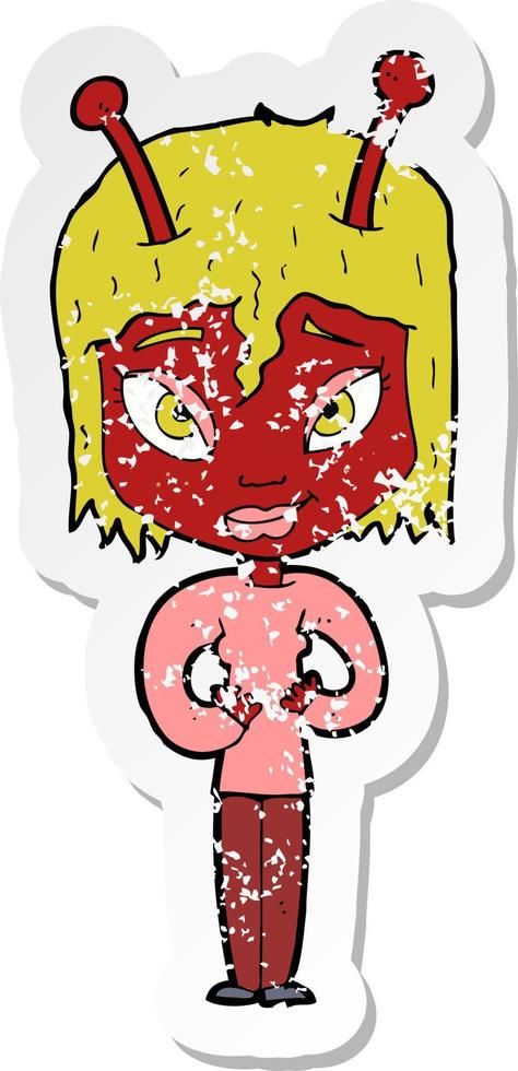 retro distressed sticker of a cartoon alien woman vector