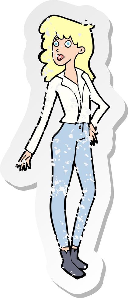 retro distressed sticker of a cartoon pretty woman vector
