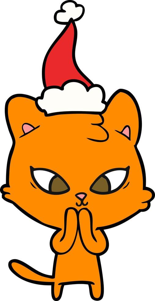 lindo dibujo lineal de un gato con gorro de Papá Noel vector