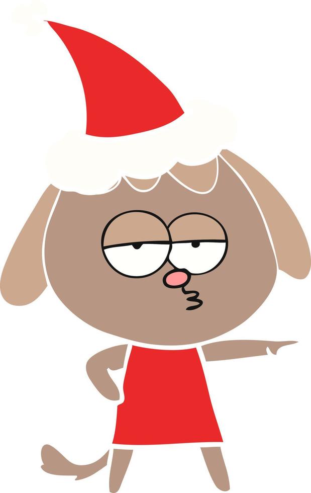 flat color illustration of a bored dog wearing santa hat vector