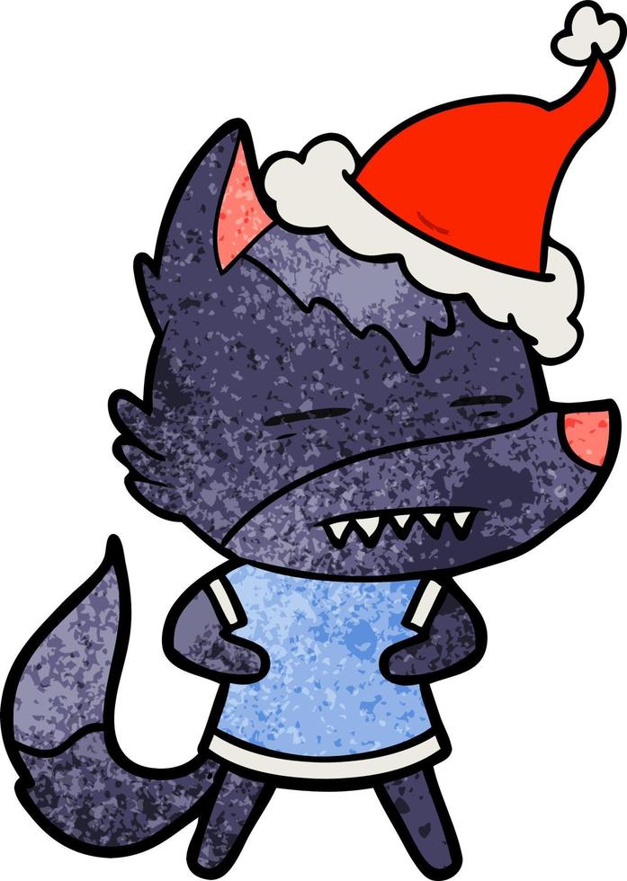 textured cartoon of a wolf showing teeth wearing santa hat vector