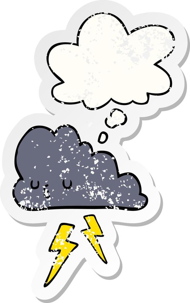 cartoon storm cloud and thought bubble as a distressed worn sticker vector