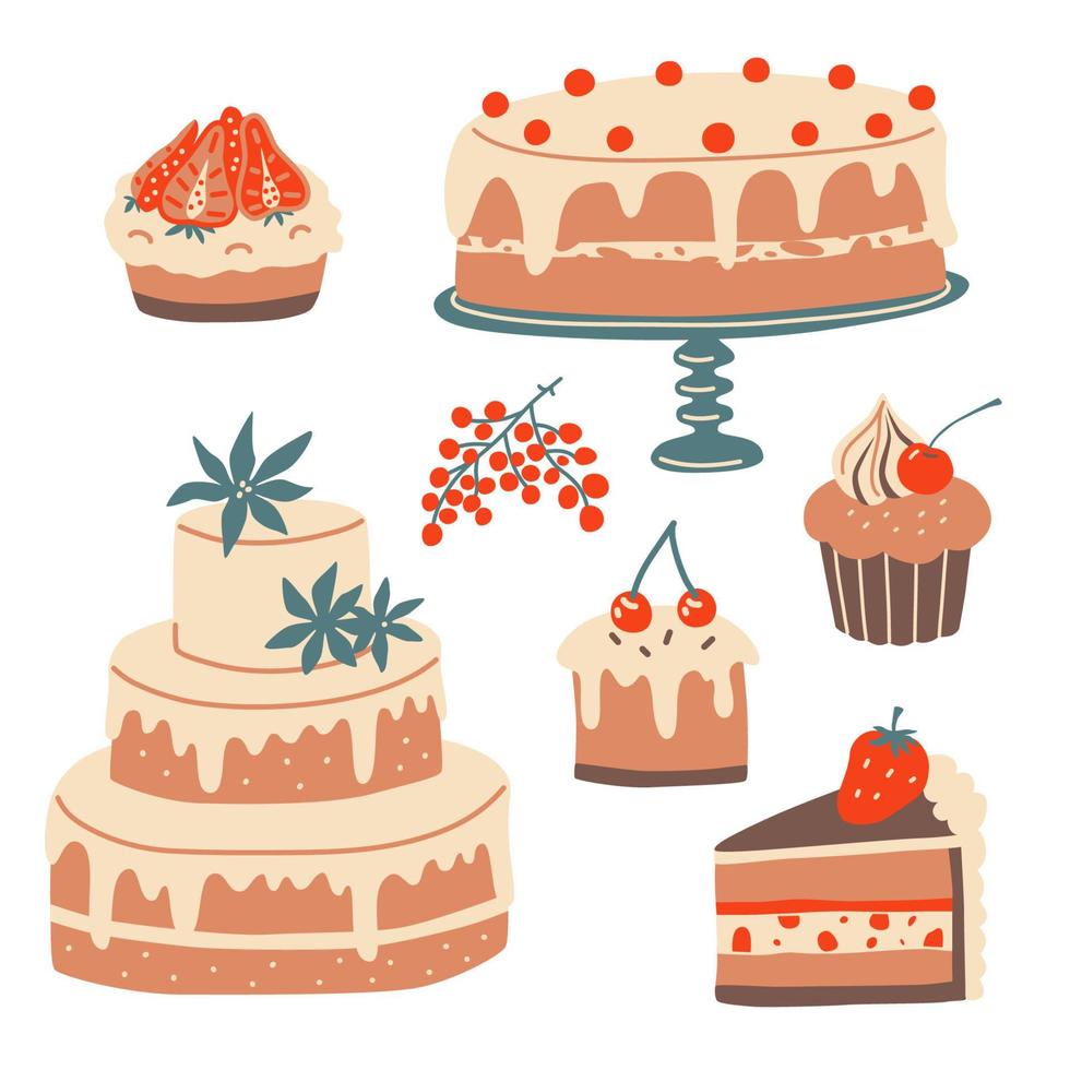 Pastry desserts set. Wedding cake, cupcakes and tarts vector elements.