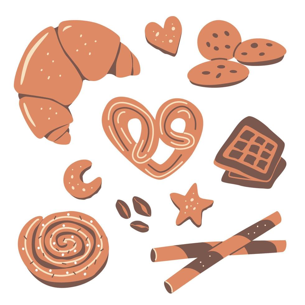 conjunto de elementos de pastelería y panadería. croissant, galletas y barquillos. vector