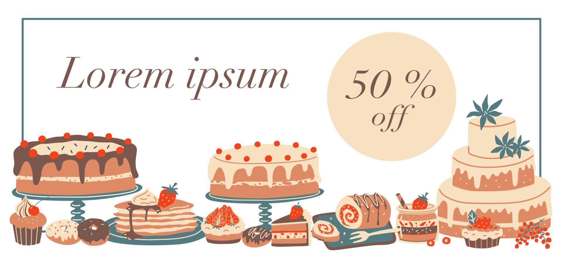 Dessert banner with sale and text space. Vector pastry elements.