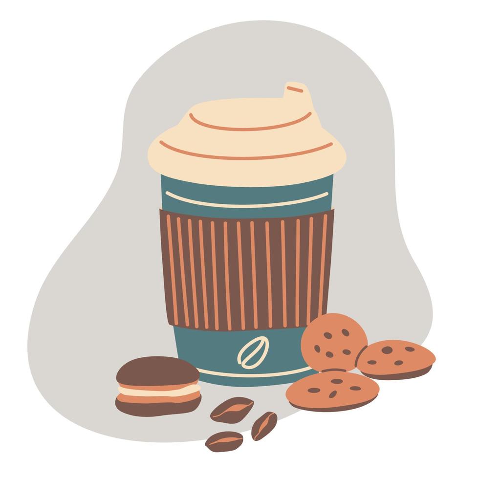 Coffee takeaway cup with macaron and cookies. Vector eps10.