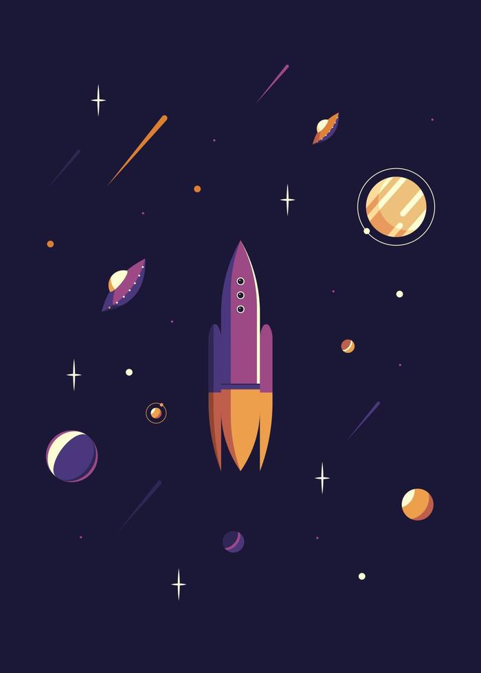 cartel espacial con cohete y platillo volador. vector