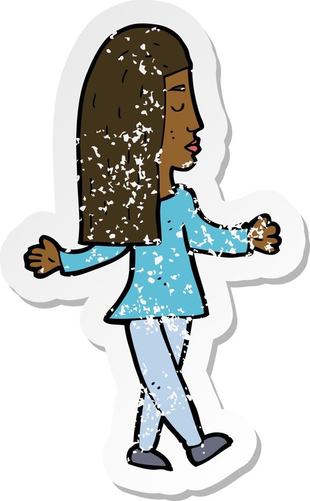 retro distressed sticker of a cartoon woman shrugging shoulders vector