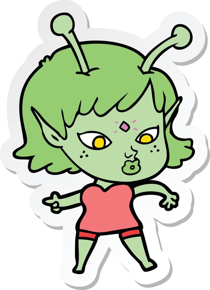 sticker of a pretty cartoon alien girl vector