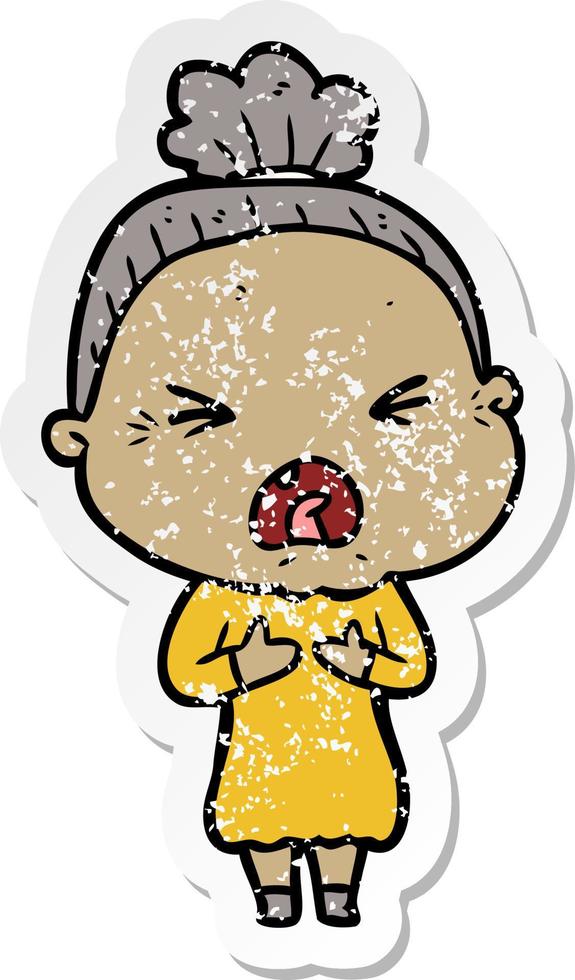 distressed sticker of a cartoon angry old woman vector